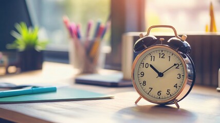 Retro alarm clock on wooden desk with notebooks and pens in brightly lit office