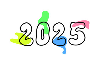 2025 as abstract design concept in line art with number outline and colorful paint splat, blob, splash as fluid graphic design element.