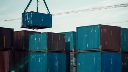 Busy shipping yard filled colorful cargo containers background. Loading, unloading boxes. Forklift logistics, transportation industry, global trade. Camera move dock. Supply chain management.