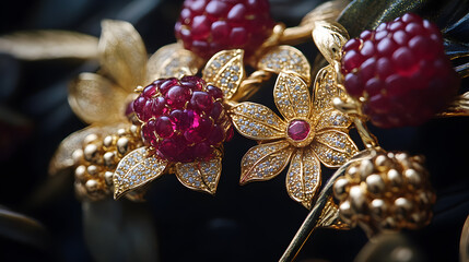 Close-up of a gold and ruby jewelry piece with floral design.