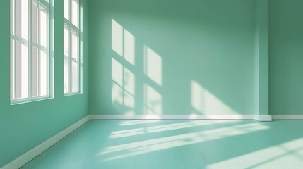 Obraz premium Interior of empty mint green room with wooden floor, window and natural light