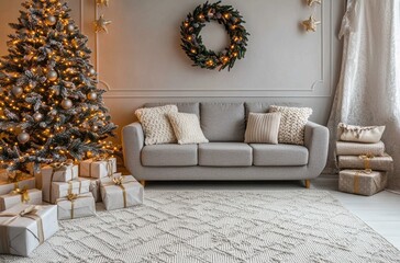 A cozy living room decorated for Christmas with a beautifully lit tree surrounded by wrapped gifts and a warm, inviting atmosphere.