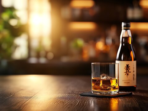 Closeup of Japanese whisky in glass on dark wooden bar, amber tones, blurred bottles, warm light, highend and intimate scene