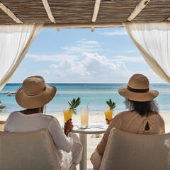 Obraz premium Two Black travelers comfortably lounge in a cabana, sipping tropical drinks and soaking in the stunning ocean view under a clear, sunny sky
