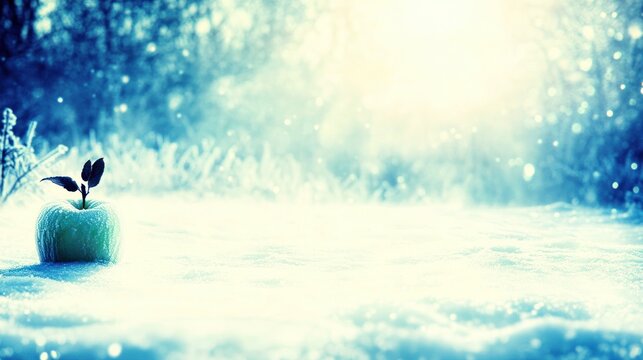 A vibrant green apple with sprouting leaves rests on a snowy landscape, symbolizing growth.