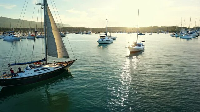 Marina boats gliding calm waters. Sailboats and yachts anchored port. Sea travel, leisure, marine activities. Beautiful Bay landscape. Luxury life for rich people. Boating leisure.