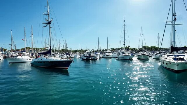 Marina boats gliding calm waters. Sailboats and yachts anchored port. Sea travel, leisure, marine activities. Beautiful Bay landscape. Luxury life for rich people. Boating leisure.