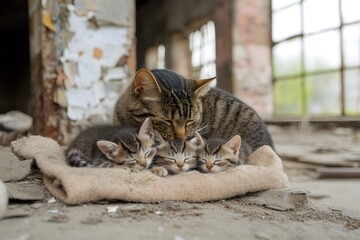 Obraz premium Mother Cat Nursing Her Kittens in Dusty Environment