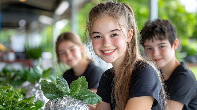 Group of happy students working together to create an eco friendly art installation from recycled materials focusing on promoting environmental awareness and sustainability through creative