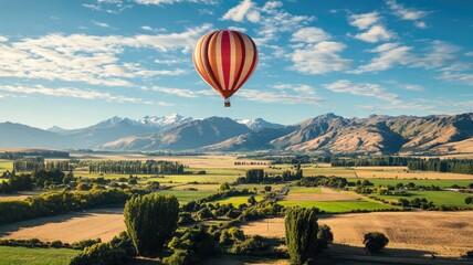 Obraz premium Striped hot air balloon flying over green valley and mountains under blue sky with clouds