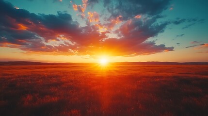 Fototapeta premium Nature showcases a stunning sunset over fields