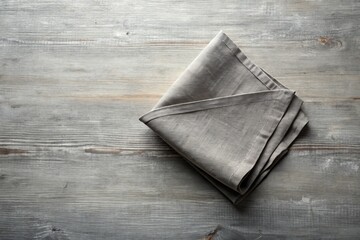 Elegant Top View of a Gray Kitchen Napkin Isolated on a Table Background, Perfect for Minimalistic Mockups, Featuring Soft Light and Folded Cloth with Ample Copy Space for Design Projects