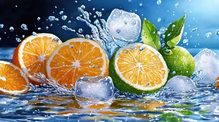 Fresh oranges and limes splash into water with ice, creating a vibrant and refreshing scene perfect for summer beverages.