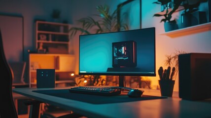 Modern computer setup with large monitor, stylish desk, and ambient lighting