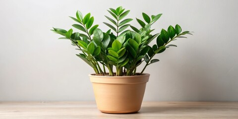 Fototapeta premium Elegant Zamioculcas Plant in Beige Pot: Luxurious Indoor Decor for Modern Homes, Showcasing the Resilience and Beauty of the Zanzibar Gem Against a Crisp White Background