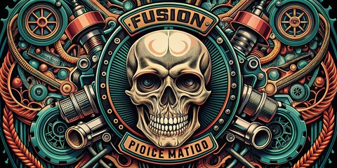 Surreal Retro Banner Featuring a Skull Intertwined with Intricate Engine Parts in a Vivid Color Palette, Perfect for Automotive and Gothic Themes