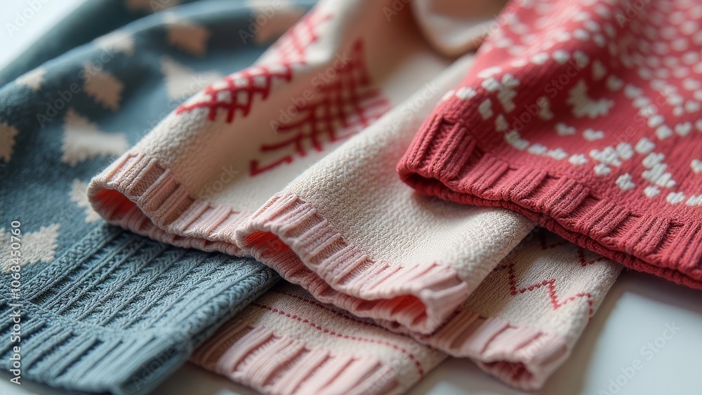 Poster A row of knitted scarves with different patterns and colors