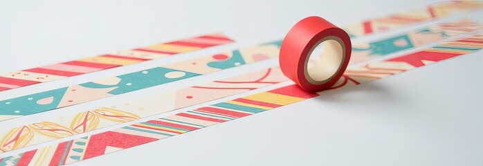 A row of colorful tape rolls with different patterns