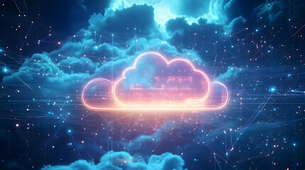 Obraz premium Futuristic cloud computing imagery with glowing data connections and abstract digital elements representing technology concepts.