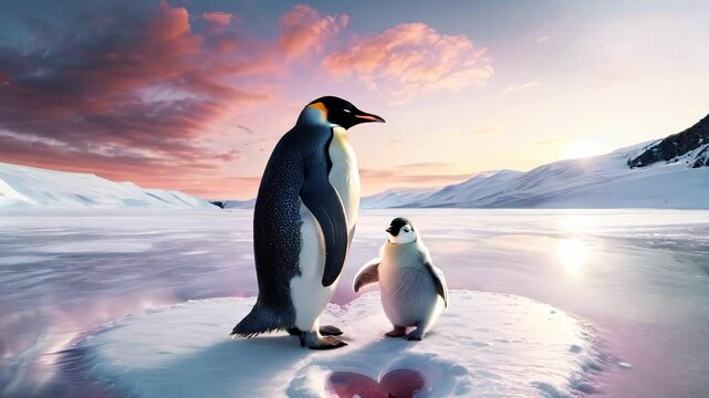 A penguin standing on a heart shaped ice patch with a baby penguin next to it. The heart is pink and the ice patch is surrounded by water