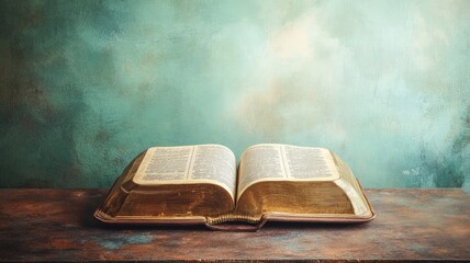 Old, open book on rustic table against teal background