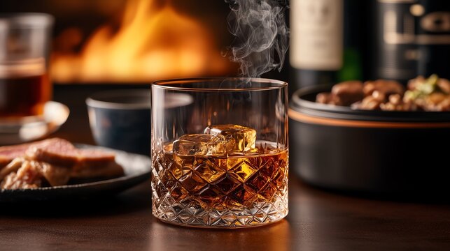 Crystal glass of Japanese whisky, dark bar counter, rich amber tones, soft lighting, blurred background, highend luxury concept
