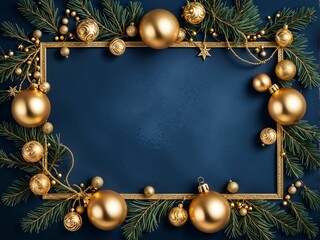 Christmas card. Frame borders made of gold balls, decorations, fir branches on dark blue background. Luxury style. Top view.