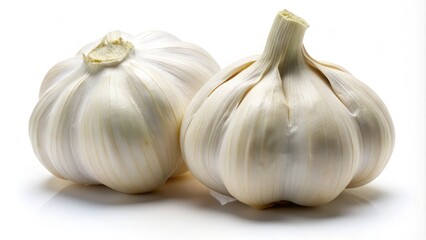 Front View of Two White Peeled Garlic Cloves Isolated on a White Background Perfect for Culinary Uses, Cooking Illustrations, and Food Photography with Clipping Path