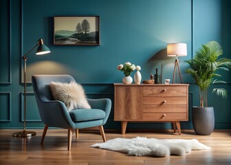 Modern Living Room Interior with Fluffy Armchair, Wooden Commode, and Contemporary Accessories Against a Blue Wall - Ideal for Home Staging and Interior Design Inspiration