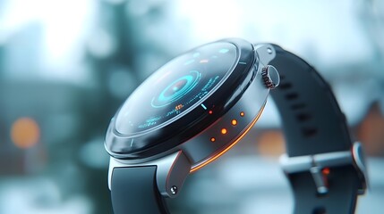 Fototapeta premium Futuristic smartwatch with a vibrant holographic interface and a sleek minimalist design showcasing the evolution of wearable technology and innovative digital accessories