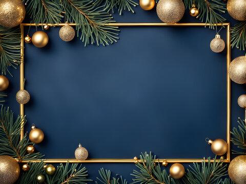Christmas card. Frame borders made of gold balls, decorations, fir branches on dark blue background. Luxury style. Top view.