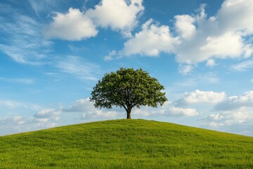 Obraz premium Solitary Oak Tree on a Lush Green Hill Under a Breathtaking Sky Filled with Fluffy Clouds: A Tranquil Scene of Nature's Beauty