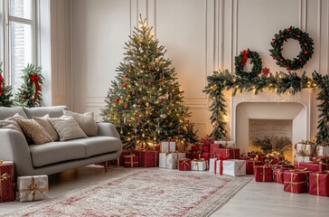 Cozy living room adorned with festive Christmas tree and gifts elegantly wrapped in red and gold