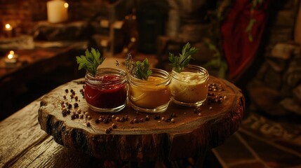 Rustic Condiments Display with Flavorful Sauces