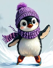 Fototapeta premium Adorable baby penguin with cheerful expression ice skating in purple winter accessories