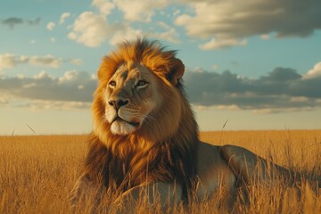 Majestic Lion Resting in the Golden Grasses of the African Savanna Under a Beautiful Sky at Dusk: A Stunning Display of Nature's Wonder and Wildlife Majesty