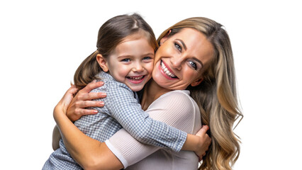 Smiling mother hugging and having fun with her daughter, family relationship and motherhood concept, isolated on transparent background