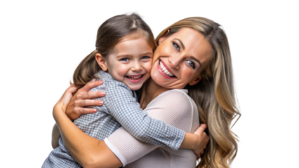 Smiling mother hugging and having fun with her daughter, family relationship and motherhood concept, isolated on transparent background