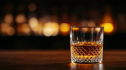 Elegant Japanese whisky glass, dark bar counter, amber tones, blurred background with bottles, soft glow, highend drinking culture