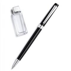 Black Pen and Glass Bottle on White Background.