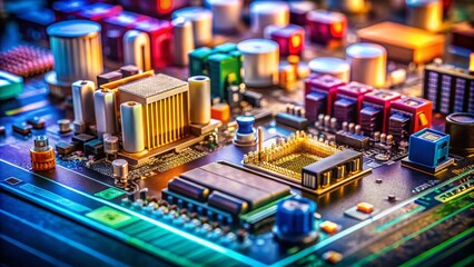 Tilt-Shift Photography of a Mainboard with Intricate Circuitry and Components, Capturing the Details of Technology in a Miniature World, Perfect for Tech Enthusiasts and Designers