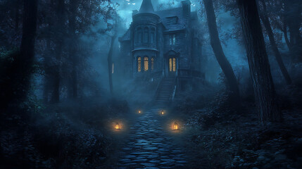 A dark forest path leading to a haunted house, with soft lantern light spilling onto the ground, inviting curiosity and intrigue 