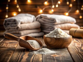 Measuring Scoop and Scattered Laundry Powder on a Table Surrounded by Soft Towels in a Low Light Setting, Capturing the Essence of Home Laundry Care and Organization