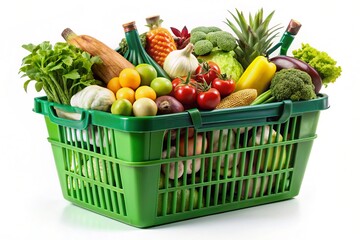 Plastic Green Shopping Basket Overflowing with Fresh Groceries on a Clean White Background for Urban Exploration Photography