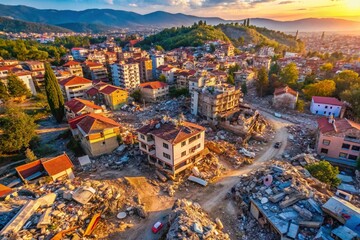 Naklejka premium Drone Photography of Turkey Earthquake Relief Efforts: Aerial Views of Destruction and Community Support