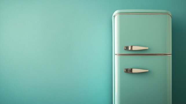 Vintage-style turquoise refrigerator with chrome accents against matching wall