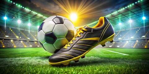 Naklejka premium Dynamic Black and Yellow Soccer Shoe on a Grass Field with Action Elements for Sports Photography Enthusiasts, Highlighting Performance and Style in Soccer Gear