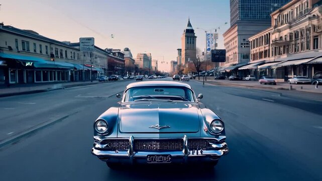 Classic silver car drives down vintage city street, nostalgia. Retro vibe. Historic buildings line road. Mid-century America. Old fashioned classical automobiles style.