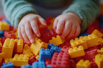 Creative Playtime: A Child's Hands Navigating a Colorful Sea of Bricks, Sparking Imagination and Constructive Fun