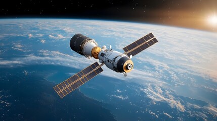 Obraz premium Digital rendering of a sophisticated space station orbiting the Earth